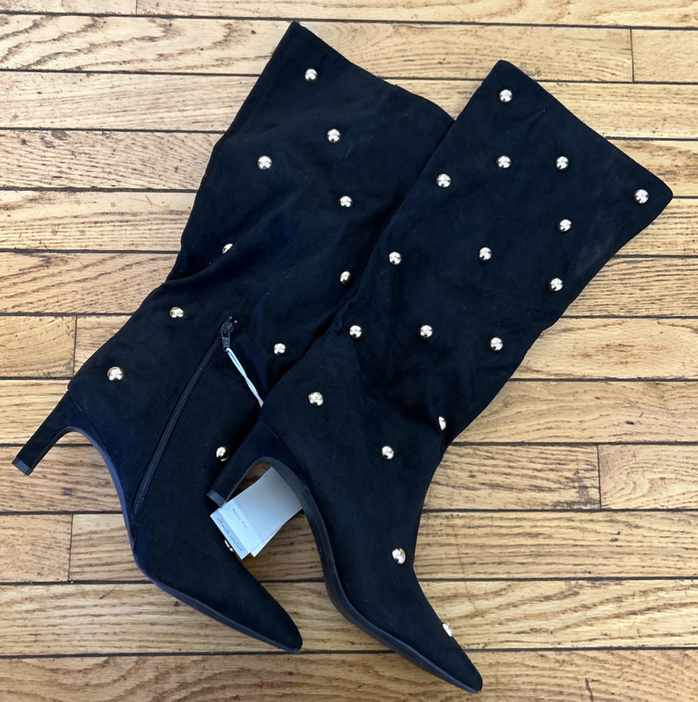A New Day Black Studded Zip Knee High Faux Suede Pointed Toe Boots Size 9
